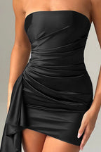 Satin Strapless Ruched Cascading Side Drape Bodycon Mini Dress