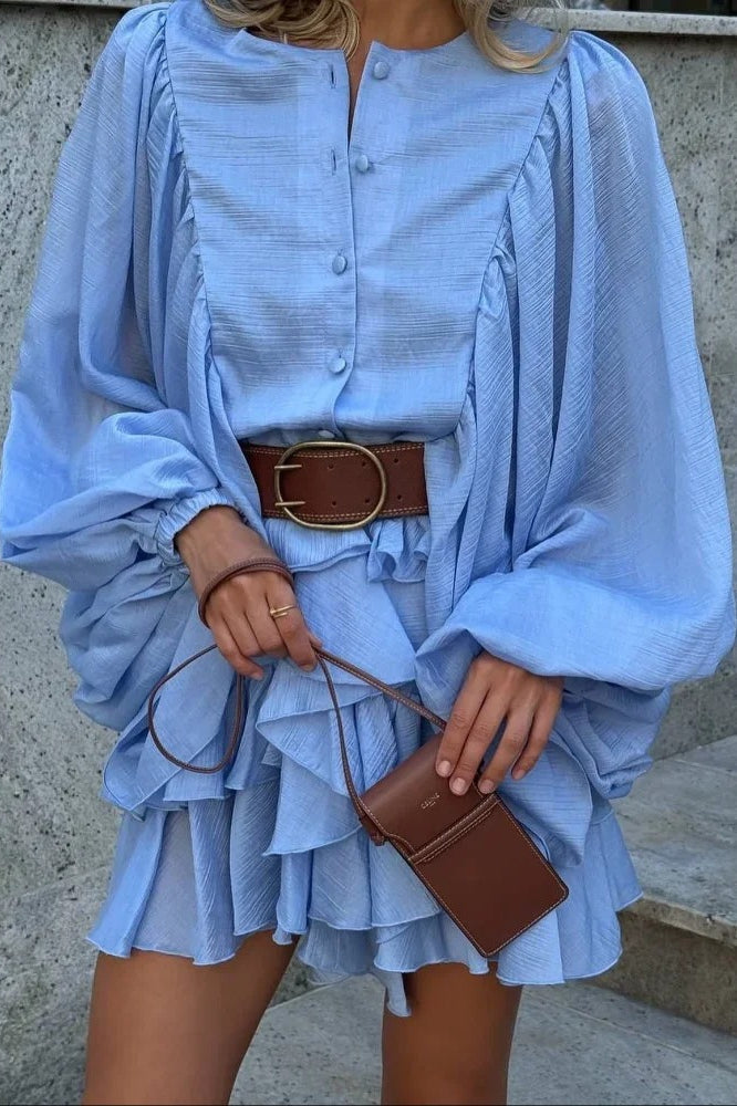 Button Front Round Neck Lantern Sleeve Tiered Ruffle Mini Dress