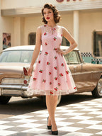 Embroidered Dress Round Neck Sleeveless Lace Up Retro Glamour Dresses