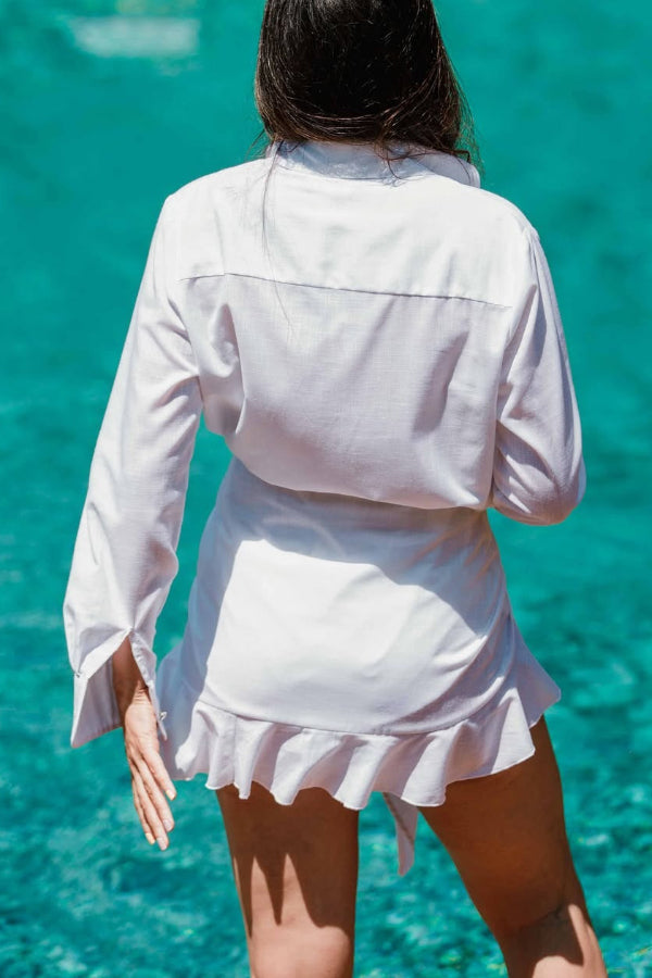 Solid Color Collared Long-sleeved Casual Shirt Style Lace Up Vacation Mini Dress