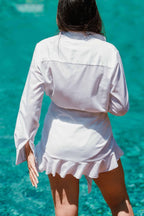 Solid Color Collared Long-sleeved Casual Shirt Style Lace Up Vacation Mini Dress
