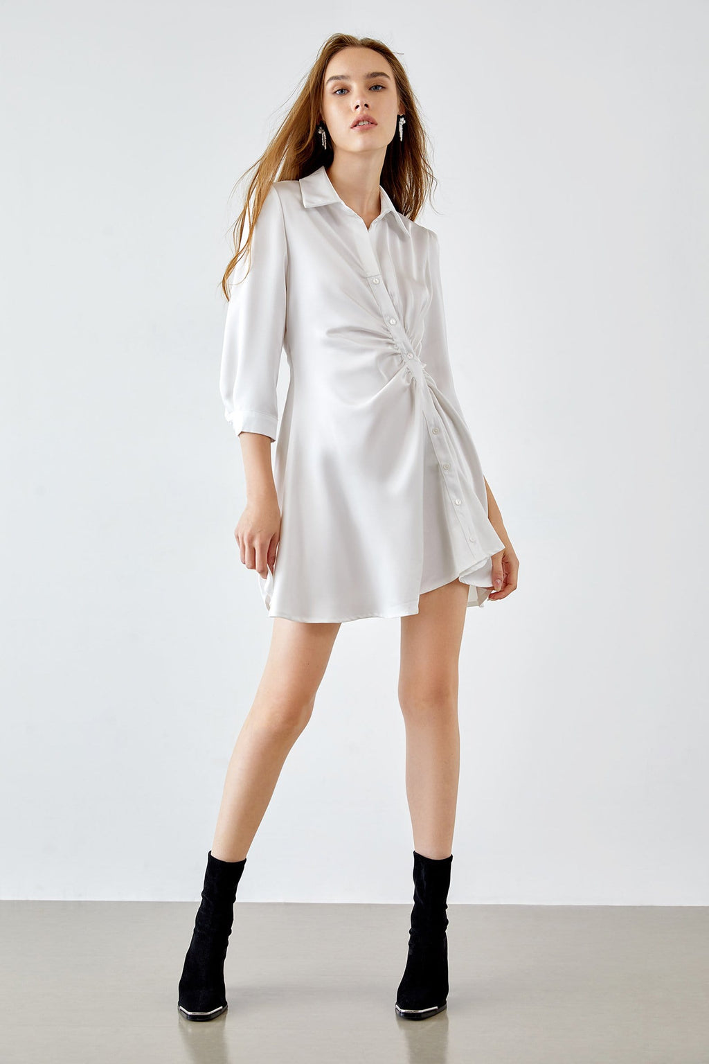 Collared Button Front Twist Waist Asymmetrical Hem Satin Shirt Mini Dress