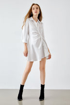 Collared Button Front Twist Waist Asymmetrical Hem Satin Shirt Mini Dress