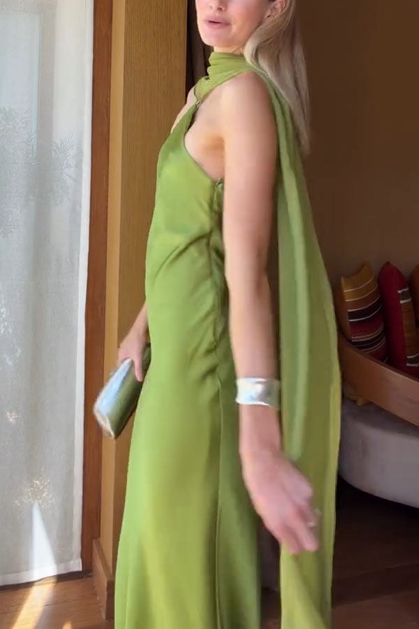 Elegant and Refined Satin Detachable Scarf-style Halter Maxi Dress