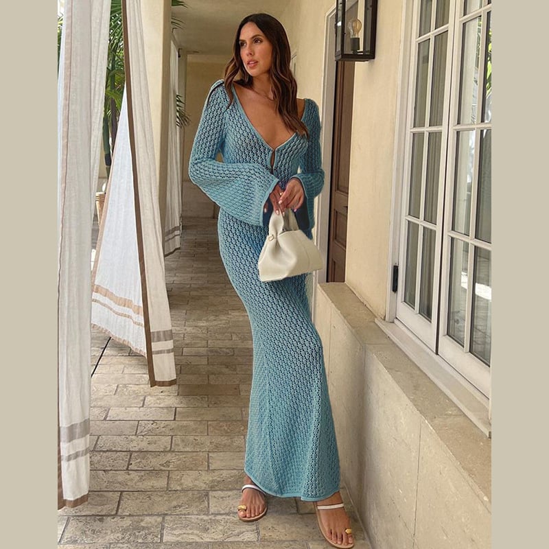 Crochet Deep V-Neck Bell Sleeve Open Knit Maxi Dress