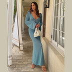 Crochet Deep V-Neck Bell Sleeve Open Knit Maxi Dress
