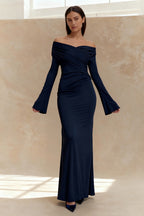 Off Shoulder Wrap Ruched Long Sleeve Sheer Sleeve Maxi Dress