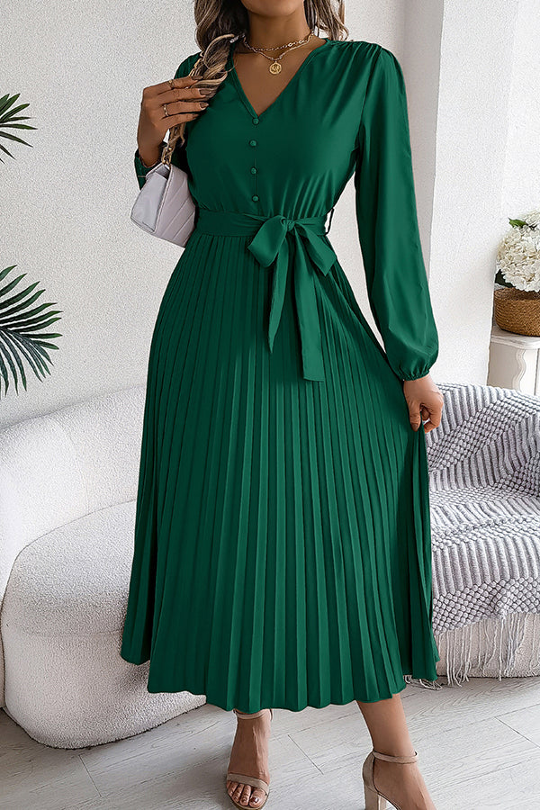 Deep V-Neck Bishop Sleeve Button Front Pleated Belted Midi Dress