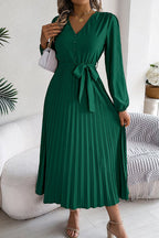 Deep V-Neck Bishop Sleeve Button Front Pleated Belted Midi Dress