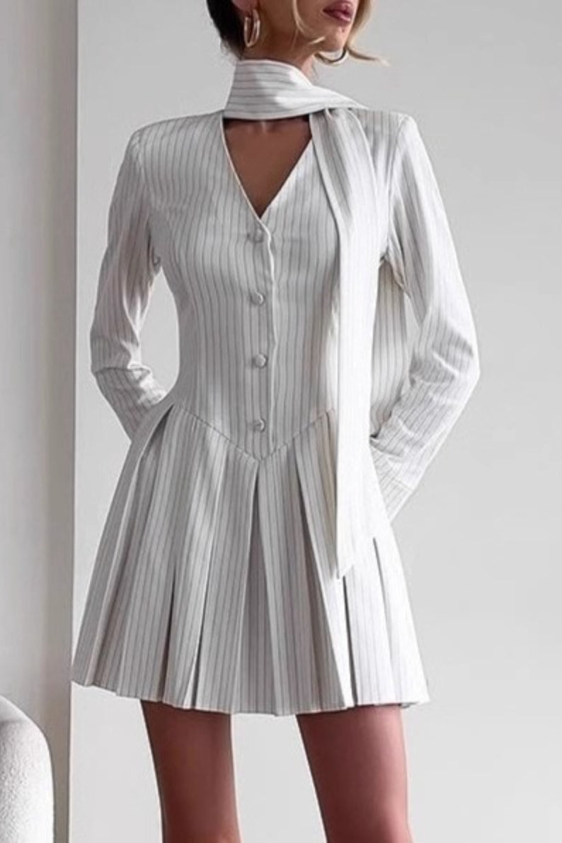 Pinstripe Button Front Choker Cut Out Neck Long Sleeve Pleated Mini Dress