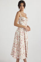 Wide Strap Sweetheart Ruched Bust Toile Floral Print A-Line Midi Dress