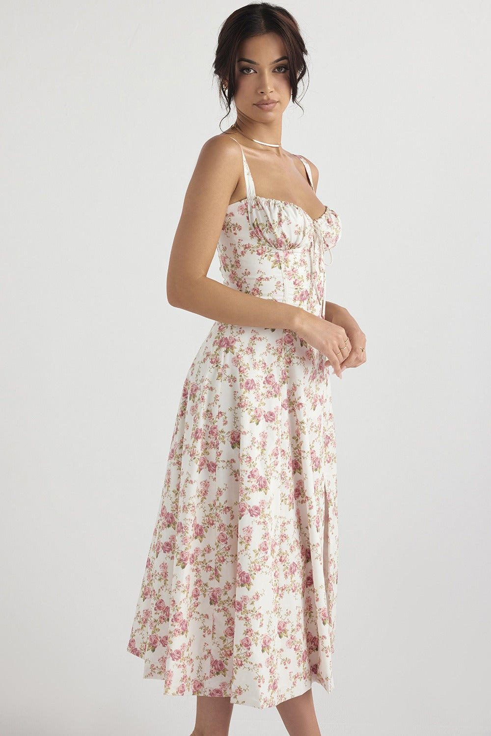 Wide Strap Sweetheart Ruched Bust Toile Floral Print A-Line Midi Dress