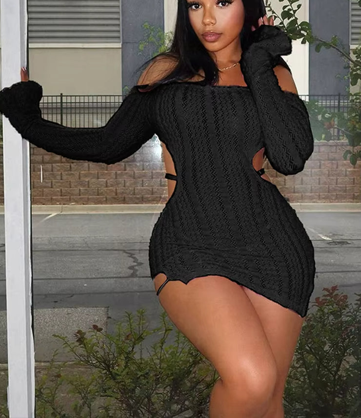 Off Shoulder Fuzzy Knit Long Sleeve Side Cut Out Bodycon Mini Dress