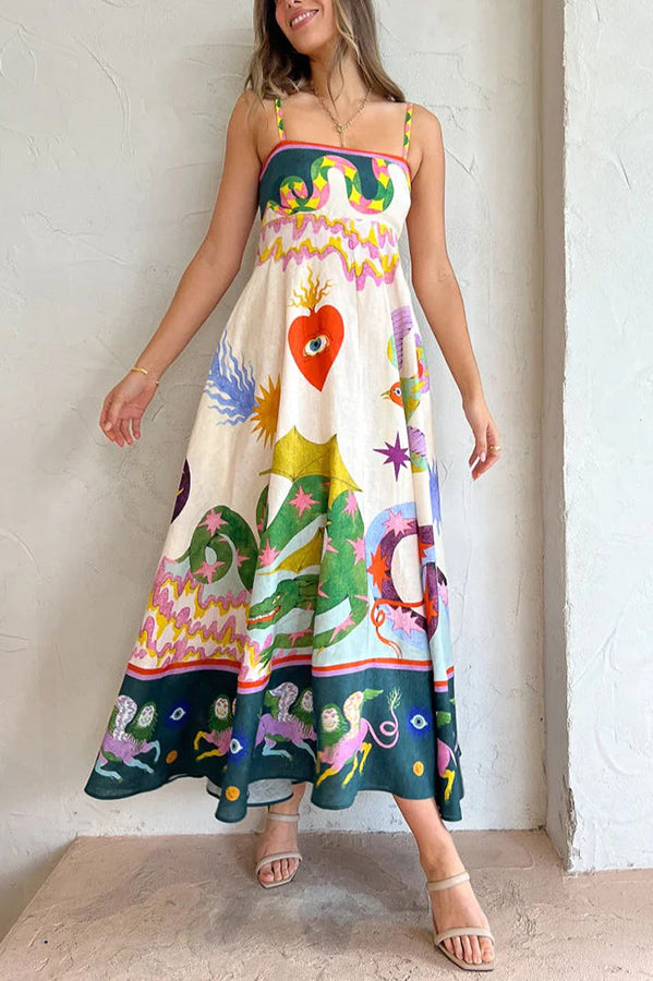 Mythical Creature Print Spaghetti Strap Empire Waist Maxi Dress