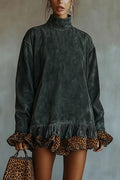 Fashionable Leopard Print Patchwork Loose Turtleneck Long-sleeved Casual Mini Dress