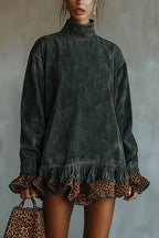 Fashionable Leopard Print Patchwork Loose Turtleneck Long-sleeved Casual Mini Dress