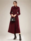 Long Wool Blend Coat For Women Burgundy Double-breasted Belted Turndown Collar Classic Winter Outerwear 2026