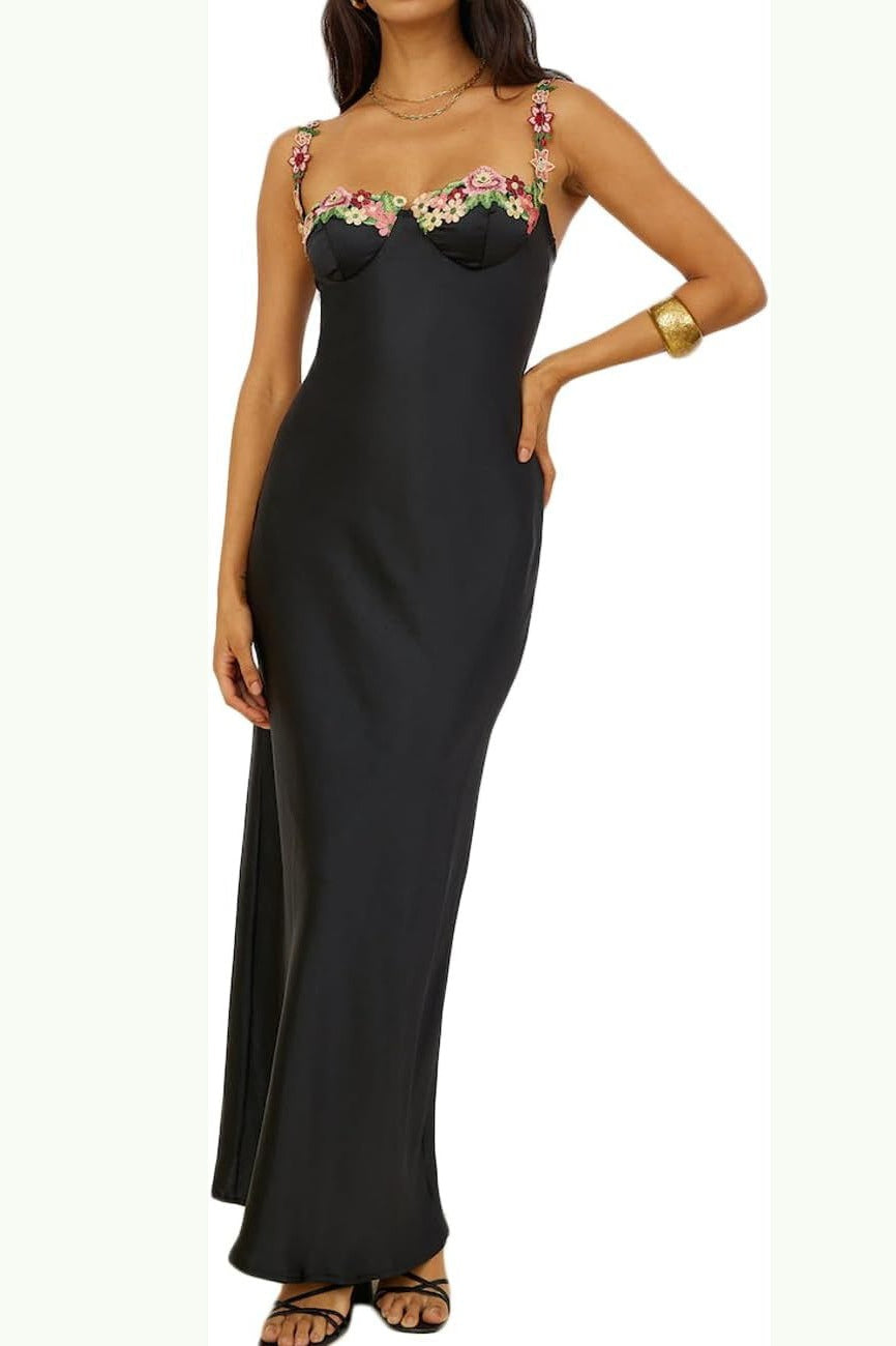 Satin Bustier Floral Applique Spaghetti Strap Slip Midi Dress