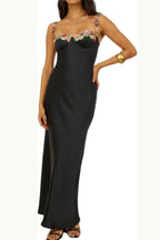 Satin Bustier Floral Applique Spaghetti Strap Slip Midi Dress