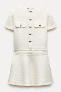 Rebekah Elevated 1960s London Girl Mini Dress in Textured Tweed with Gold Buttons and Short Sleeves and Pockets Boutique Collection