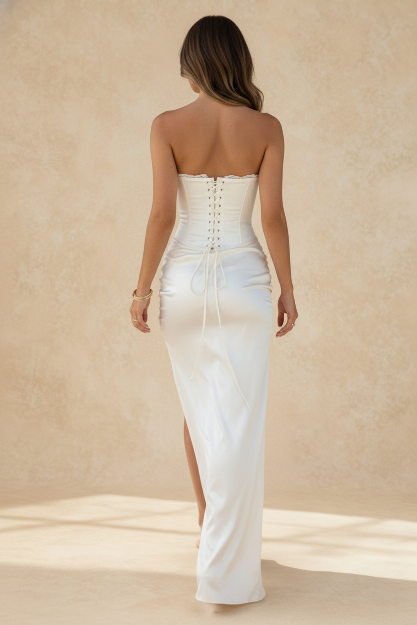 Strapless Corset Lace Trim Ruched Hip Side Slit Maxi Dress