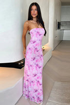Strapless Abstract Floral Print Bodycon Maxi Dress
