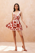 V-Neck Patchwork Print Side Waist Cutout Scalloped Lace Trim Mini Dress