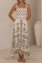Square Neck Lace Trim Empire Waist Geometric Floral Border Maxi Dress