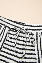 Black Stripe Knitted Short Sleeve Top and Drawstring Shorts Set