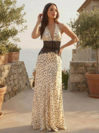 Vintage Polka Dot Halter Deep V Neck Lace Patchwork Maxi Dress For Women 2026