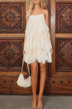Ophelia Layered Lace Trim Tiers Adjustable Straps Backless A-line Mini Dress