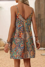 Paisley Print Spaghetti Strap Deep V-Neck Shift Mini Dress