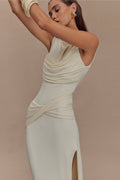 Cowl Neck Draped Knot Waist High Split Sleeveless Formal Maxi Gown