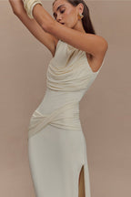 Cowl Neck Draped Knot Waist High Split Sleeveless Formal Maxi Gown