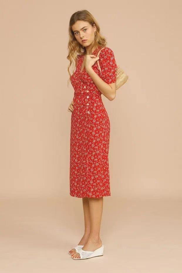 Floral Puff Sleeve Deep V-Neck Wrap Button Side Midi Dress