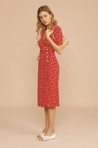 Floral Puff Sleeve Deep V-Neck Wrap Button Side Midi Dress