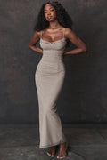 Mesh Lace Trim Corset Bustier Ruched Bodycon Maxi Dress