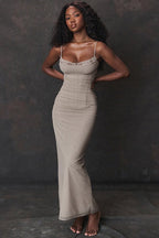 Mesh Lace Trim Corset Bustier Ruched Bodycon Maxi Dress