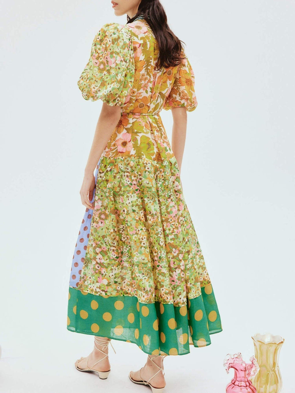 Striped Collar Button Front Puff Sleeve Patchwork Print Tiered Midi Shirt Dress