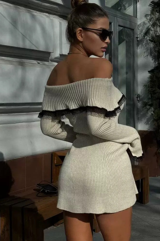 Ribbed Knit Off Shoulder Lace Trim Bell Sleeve Mini Sweater Dress