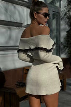 Ribbed Knit Off Shoulder Lace Trim Bell Sleeve Mini Sweater Dress
