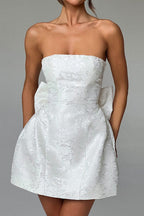 Jacquard Floral Strapless Bow Back Pocket A-Line Mini Dress