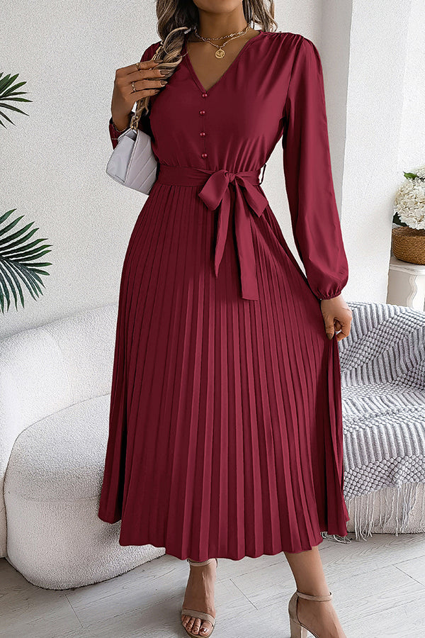 Deep V-Neck Bishop Sleeve Button Front Pleated Belted Midi Dress