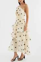 Fashionable Polka Dot Print One-shoulder Sleeveless Layered Mesh Maxi Dress