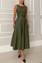 Faux Leather Princess Seam Waist Belt Tiered A-Line Midi Dress