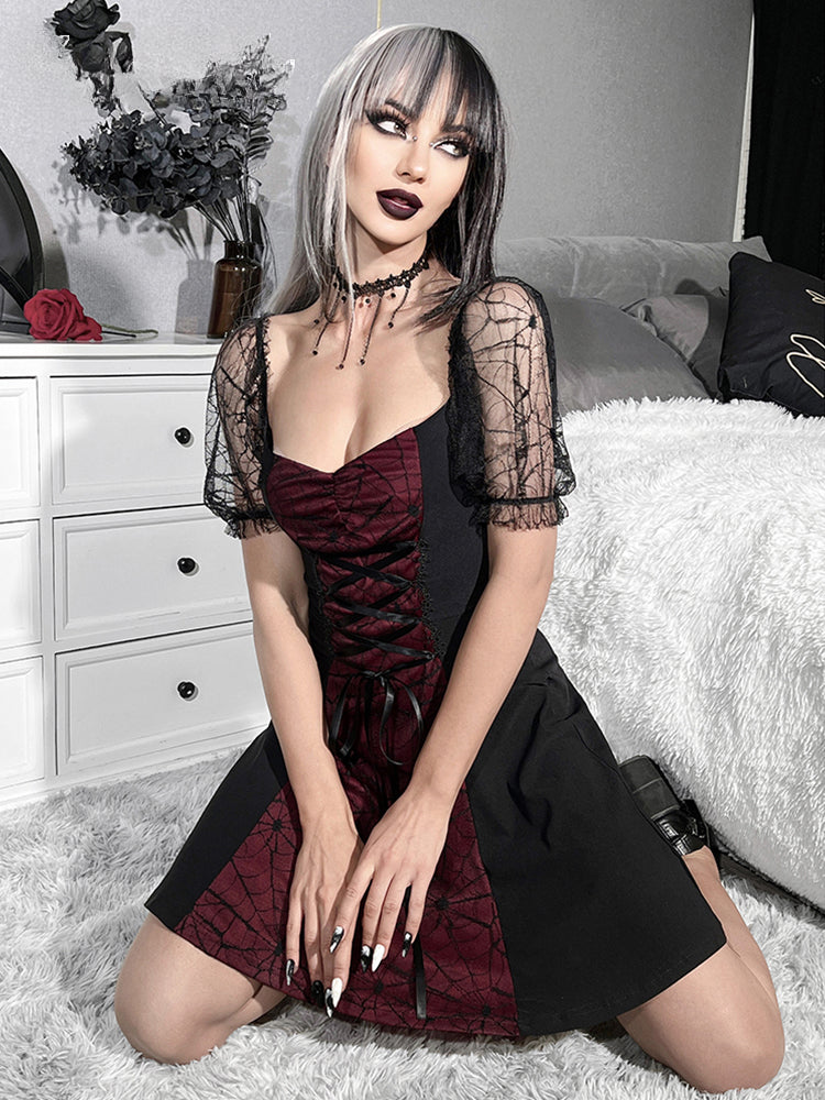 Gothic Lace Up Spiderweb Print Mesh Puff Sleeve Mini Dress