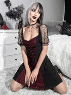 Gothic Lace Up Spiderweb Print Mesh Puff Sleeve Mini Dress