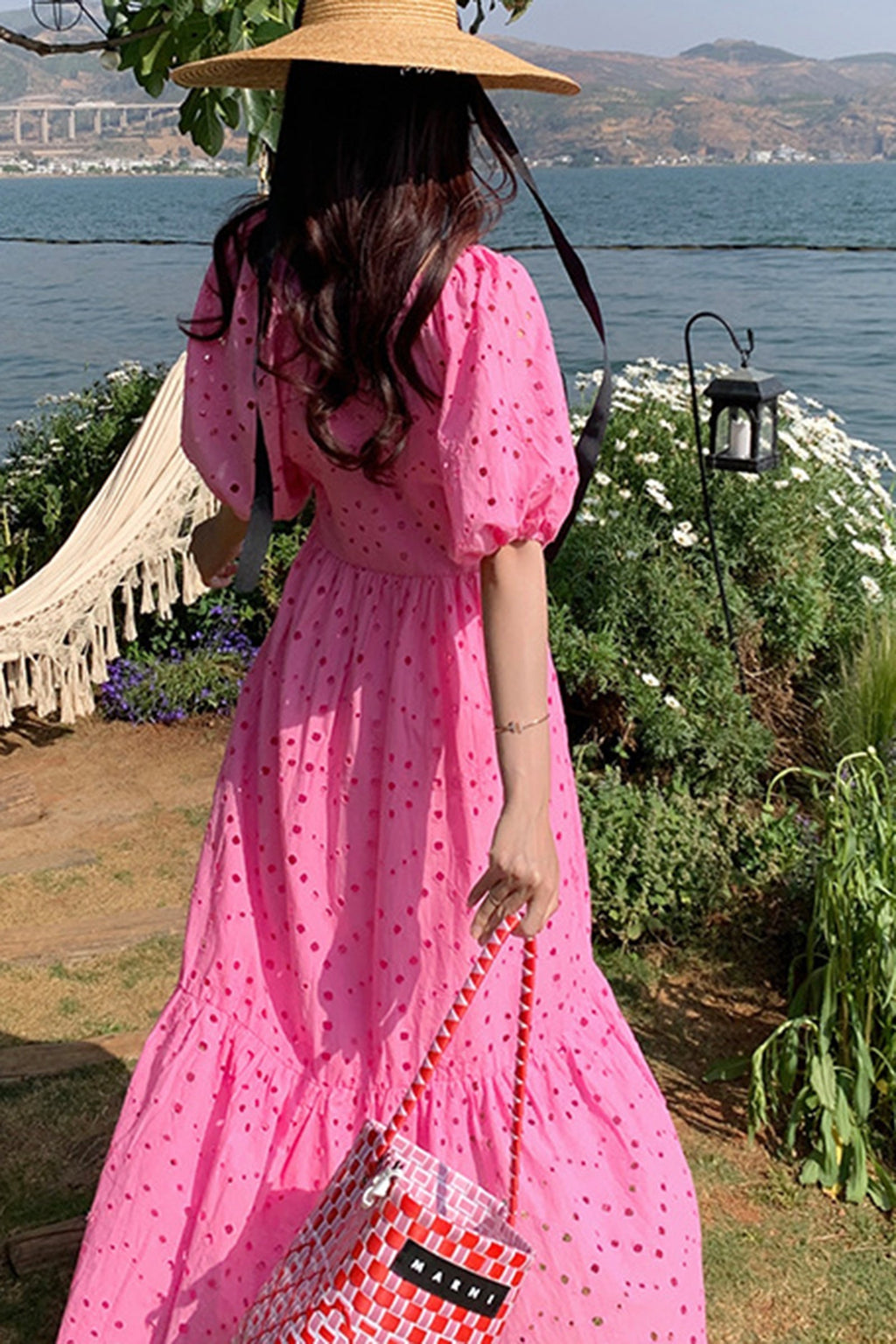 Eyelet Deep V-Neck Puff Sleeve Smocked Empire Waist Tiered Maxi Dress