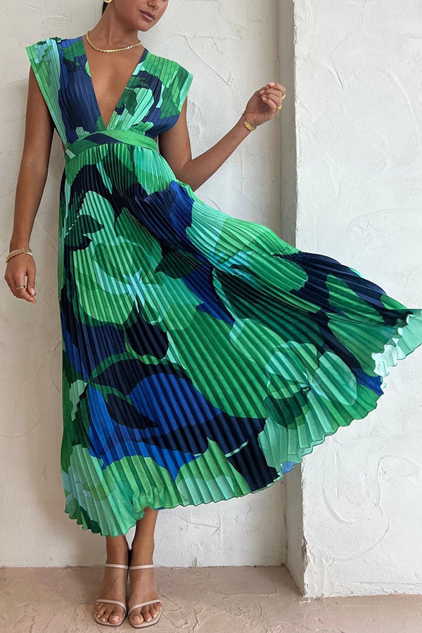 Pleated Deep V-Neck Sleeveless Abstract Floral Print Maxi Dress