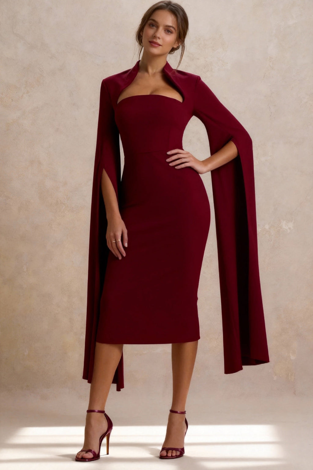 Cut Out Collar Square Neck Cape Sleeve Bodycon Midi Dress